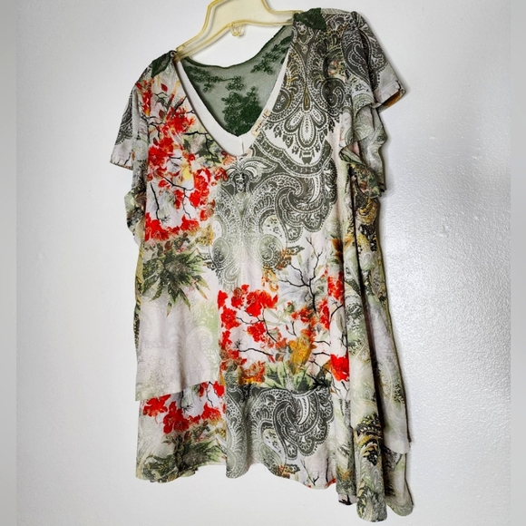 One World Paisley Floral V-Neck Women Top Layered Bohemian Blouse - Picture 1 of 6